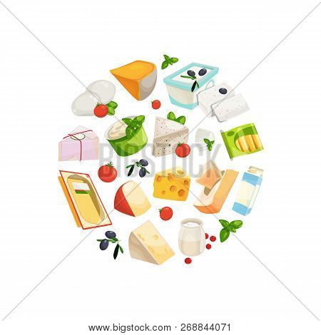 Vector Cartoon Dairy And Cheese Products In Circle Shape Illustration Isolated On White