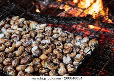 closeup of a tray of caragols a la llauna, a recipe of snails typical of Catalonia, Spain, being cooked on a firewood