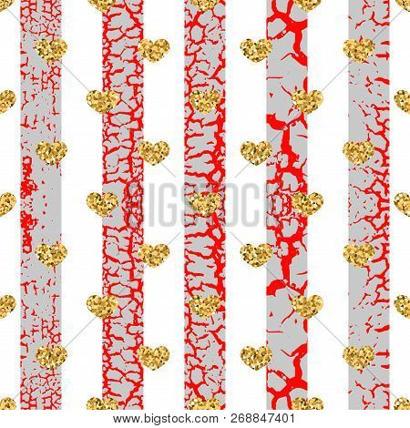 Gold Grunge Hearts Craquelure Stripes Seamless Pattern. Golden Glitter Confetti. White And Red Backg