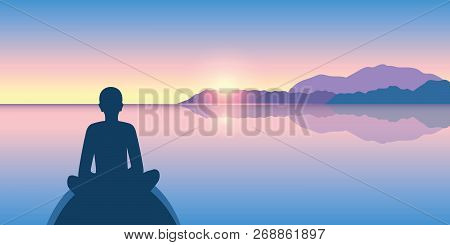 Person Enjoy The Silence On A Calm Sea At Sunrise Vector Illustration Eps10