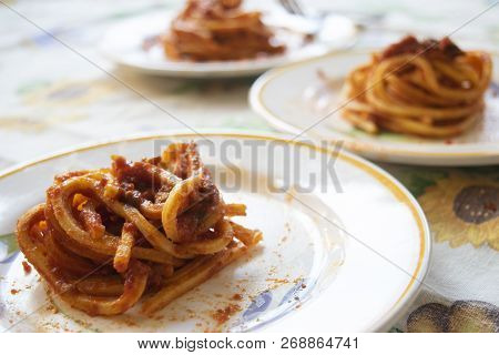 Italian Egg Tonnarelli Seasoned With Tomato Sauce