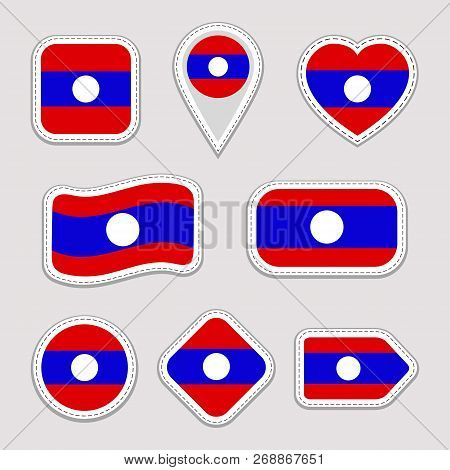 Laos Flag Stickers Set. Laotian National Symbols Badges. Isolated Geometric Icons. Vector Official F