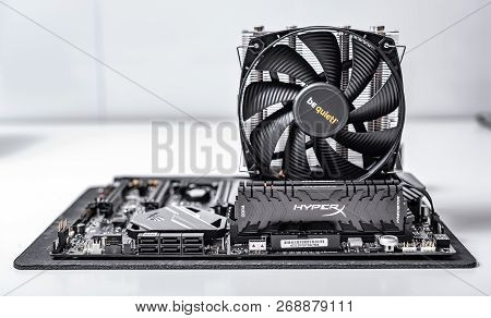 Uzhgorod, Ukraine - October 25, 2018: Installing Random Access Memory Kingston Ddr4 Hyperx Predator 