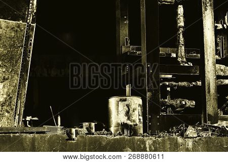 Damaged Industry Supermarket After Arson Fire With Burn Debris Of Twisted Metallic Wood Structure Af
