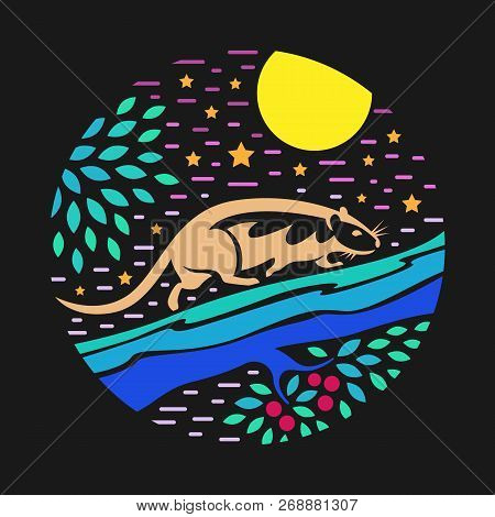Rat On Tree At Night Time Abstract Circle Style Vector Design