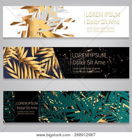 Gold Palm Leaves And Tropical Leaves Background. Vector Banner Design. Gradient Background. Stock Ve