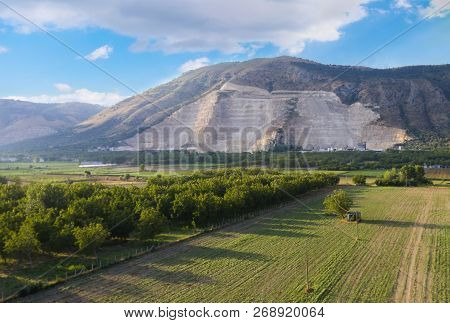 Mountain Quarry. Extraction Of Natural Resources. Harm To The Environment. Aerial View.