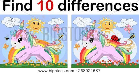 Find The Difference The Two Funy Little Unicorn. Children Riddle Entertainment. Sheet Different Toys