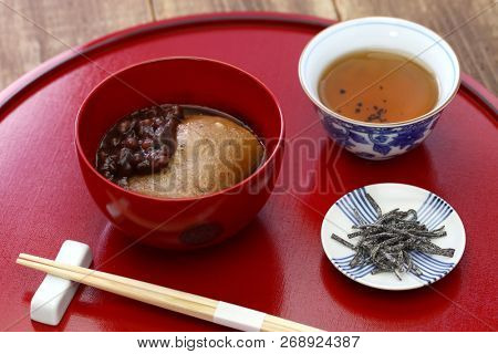 Tochi Mochi Zenzai, horse chestnuts rice cake with sweet simmered adzuki beans, traditional japanese dessert
