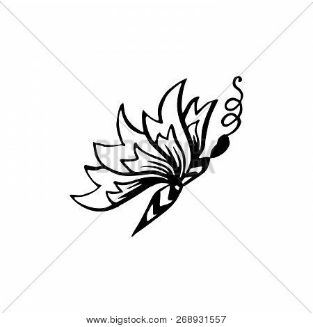 Butterflies Coloring Book Page, Contour Line Marker Brush. Flying Hand Drawn Insect. With Curl Ornam