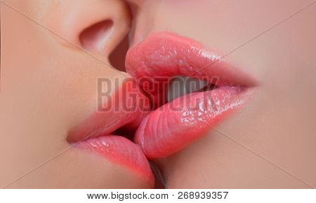 Two Lesbian Friends Kissing. Sensual Lips Kisses. Passion And Sensual Touch