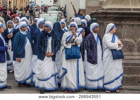 Quito, Ecuador - June 24, 2015: Group Of Nuns In Front Of  La Compania De Jesus Church In Old Town O