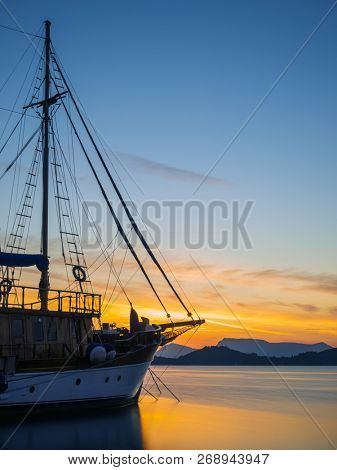 Sailboat at Sunrise on the bay of Nidri in Lefkas island Greece