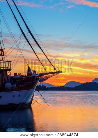 Sailboat at Sunrise on the bay of Nidri in Lefkas island Greece