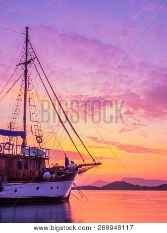 Sailboat at Sunrise on the bay of Nidri in Lefkas island Greece