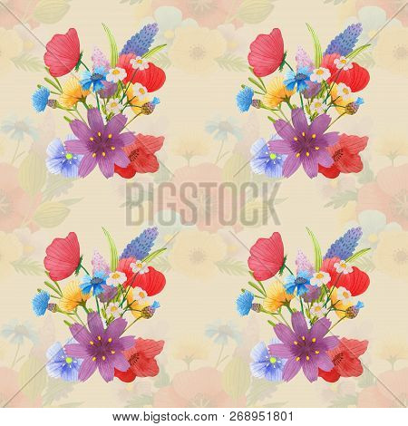 Flowers Poppies Watercolor Pattern Set Illustration Seamless