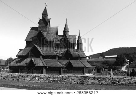 13th century wooden Heddal Stave Church, the largest remaining stave church in Norway. June 17,2018. Heddal,Norway