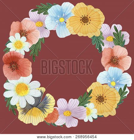 Wild Flower Wreath Watercolor Illustration Art Composition