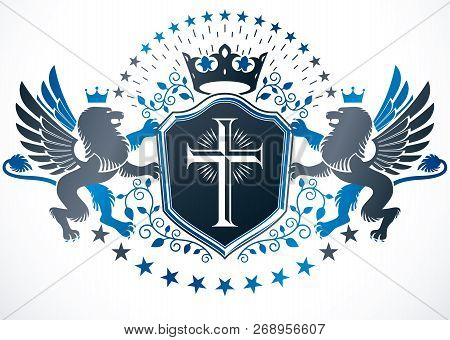 Old Style Heraldry, Heraldic Emblem, Vector Illustration Created With Mythic Gryphon, Christian Cros