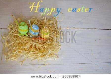 Easter Eggs On A White Wooden Background. Easter Background. Easter Eggs. Easter. Easter Symbol. Eas