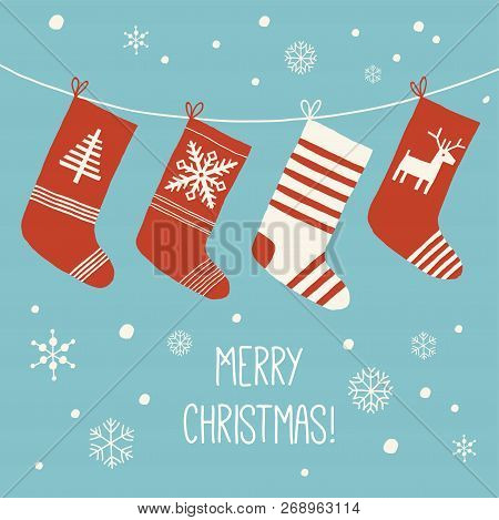 Christmas Socks Background. Various Christmas Socks Hanging On A Rope. Christmas Card. Cartoon Vecto