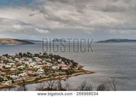Hobart, Tasmania, Australia - December 13. 2009: Posh Bellerive Neighborhood And Peninsula Across De
