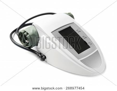 Modern Digital Sphygmomanometer For Measuring Blood Pressure And Checking Pulse On White Background