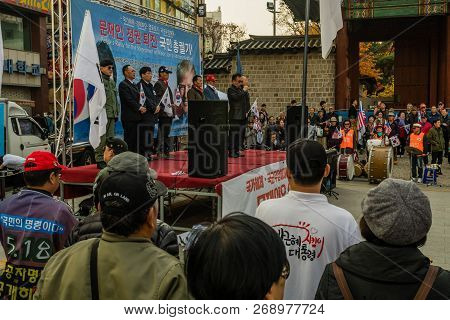 Seoul, South Korea; November 10, 2018: Unidentified Group Of Koreans Gather To Hear Speaker At Rally