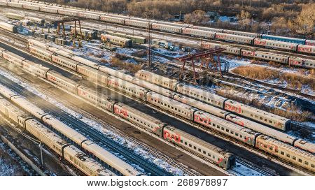 Khabarovsk, November. 15, 2018: View Of The Cars Of Railway Passenger Cars At The Railway Depot . Pa