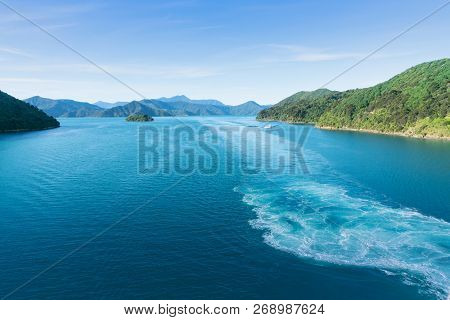 Turquoise Water With The Wash Created By Passenger Ship Heading For Picton Through Queen Charlotte S