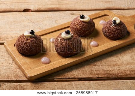 Cake Brioche Shu Cream Chantilly, Eclair. Sweet Breakfast Desser