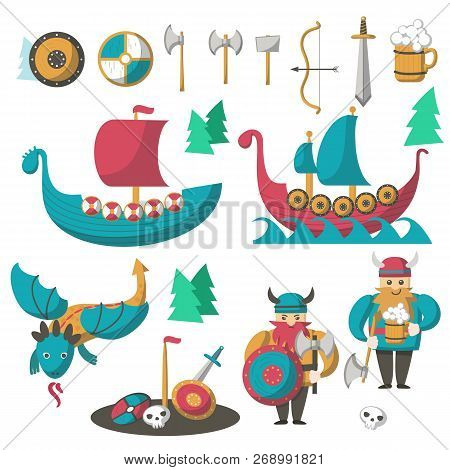Vector Flat Vikings, Flying Dragon And Longships