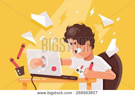 Stressed Angry Young Man Crashed Laptop At Work. Concept Stundent, Businessman, Employee Feels Worri