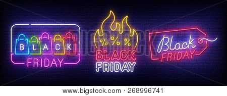 Big Set Neon Billboard, Theme Black Friday. Discount. Big Sale. Cyber Monday Logo, Label And Emblem.