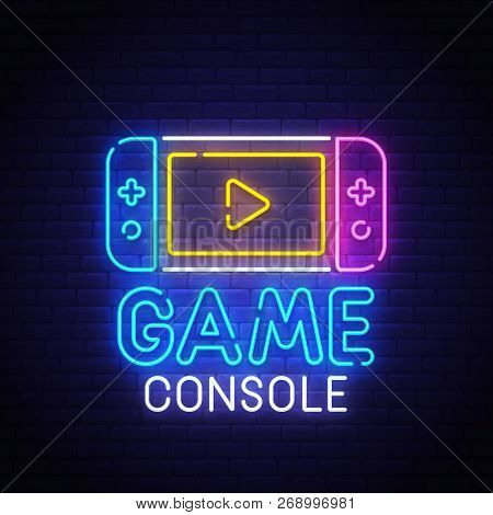 Game Console Neon Sign, Bright Signboard, Light Banner. Gamer Logo, Emblem. Vector Illustration