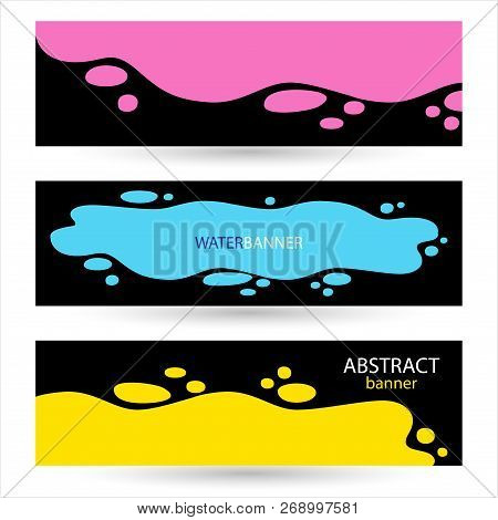 Set Bright Abstract Banners. Poured Yellow And Red Paint And Spr