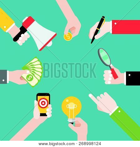 Many Different Business Hands With Different Objects, Such As Lightbulb, Magnify Glass, Banknotes, M