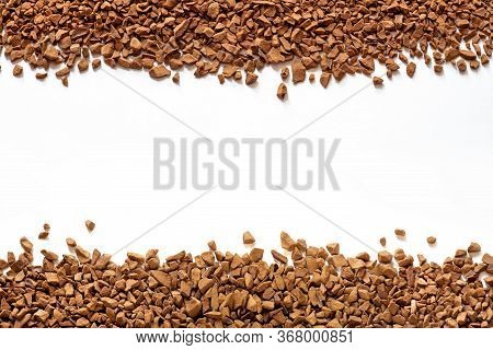 Golden Color Freeze Dried Coffee, Instant Coffee Granules On A White Background Close-up, Sublimated