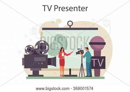 Tv Presenter Concept. Television Host In Studio. Broadcaster Speaking