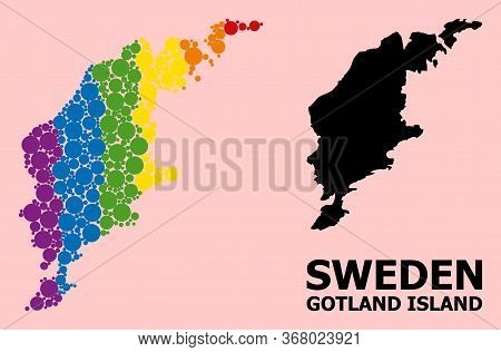 Spectrum Vibrant Collage Vector Map Of Gotland Island For Lgbt, And Black Version. Geographic Collag