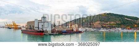 Barcelona, Spain - November 08 2018: Panorama Of Barcelona Port And City Landscape. Ligari Bulk Cont