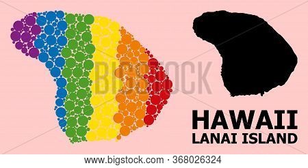 Rainbow Colored Pattern Vector Map Of Lanai Island For Lgbt, And Black Version. Geographic Concept M