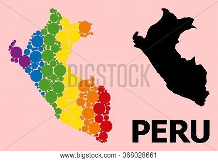 Rainbow Vibrant Collage Vector Map Of Peru For Lgbt, And Black Version. Geographic Collage Map Of Pe