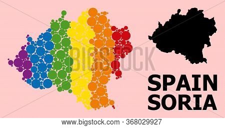 Rainbow Vibrant Pattern Vector Map Of Soria Province For Lgbt, And Black Version. Geographic Concept