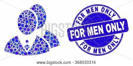 Geometric Managers Mosaic Icon And For Men Only Seal Stamp. Blue Vector Round Scratched Seal Stamp W