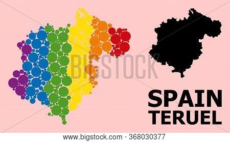 Spectrum Vibrant Collage Vector Map Of Teruel Province For Lgbt, And Black Version. Geographic Conce