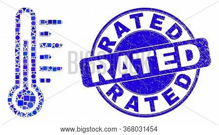 Geometric Temperature Mosaic Pictogram And Rated Seal. Blue Vector Rounded Textured Seal Stamp With 