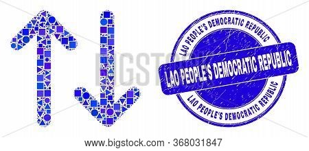 Geometric Vertical Exchange Arrows Mosaic Icon And Lao Peoples Democratic Republic Seal Stamp. Blue 