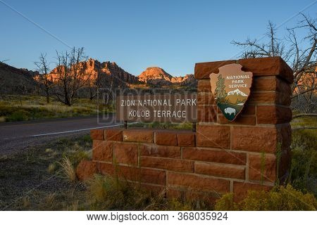 Zion National Park, United States: October 4, 2019: Kolob Terrace Sign In Later Afternoon Light
