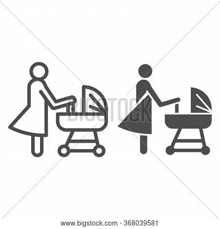 Mother With Pram Line And Solid Icon, Motherhood Concept, Baby Carriage Sign On White Background, Mo